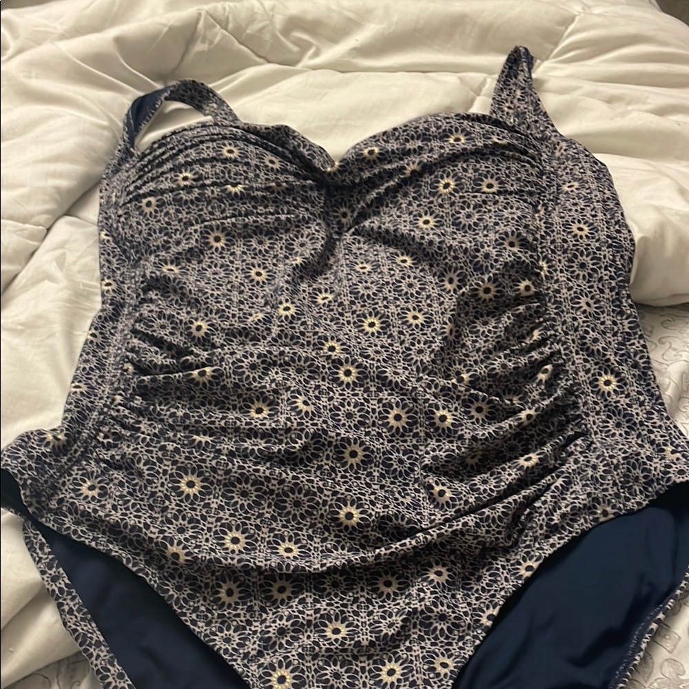 Blue and Cream One Piece Swimsuit with Molded Cups. gold specks